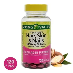 Spring Valley Hair, Skin & Nails Extra Strength – 5000mcg Biotin + Collagen Support (120 Softgels)
